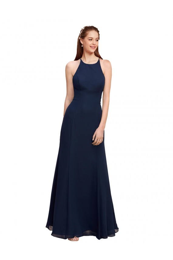 Affordable High Halter Fit and Flare Long Chiffon Prom Dress with Criss Cross Low Back Canada