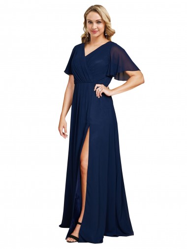 Affordable Chiffon V-Neck Short Sleeves Long Prom Dress with High Slit Canada