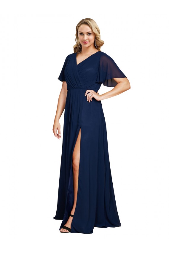 Affordable Chiffon V-Neck Short Sleeves Long Prom Dress with High Slit Canada