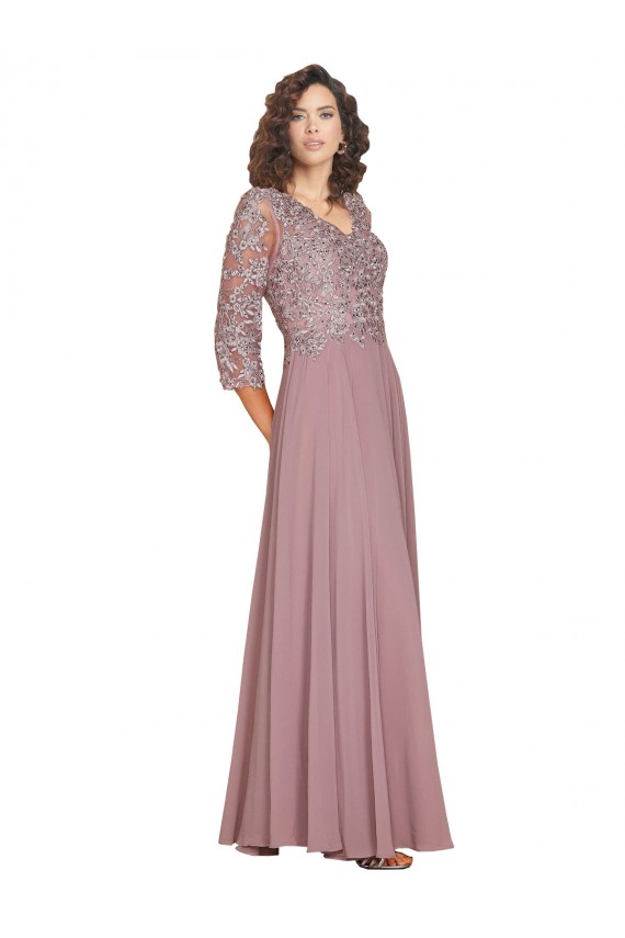 Affordable Hand-Beaded Bodice V-Neckline Long Sleeves Chiffon Prom Dress Canada