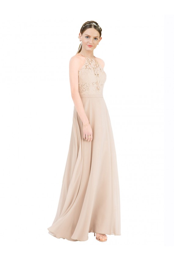 Affordable High Halter Neck Illusion Lace Prom Dress with Chiffon Skirt and Keyhole Back Canada