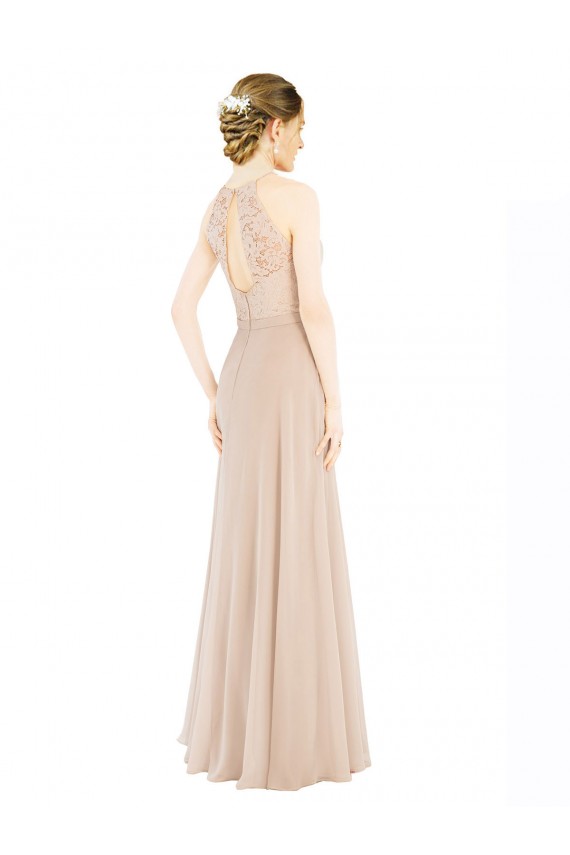 Affordable High Halter Neck Illusion Lace Prom Dress with Chiffon Skirt and Keyhole Back Canada
