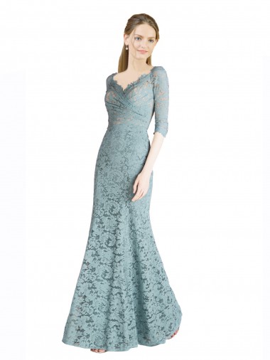 Affordable Half Sleeves Pleated Lace Prom Dress with Wrap-Around Portrait Neckline Canada