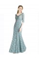 Affordable Half Sleeves Pleated Lace Prom Dress with Wrap-Around Portrait Neckline Canada
