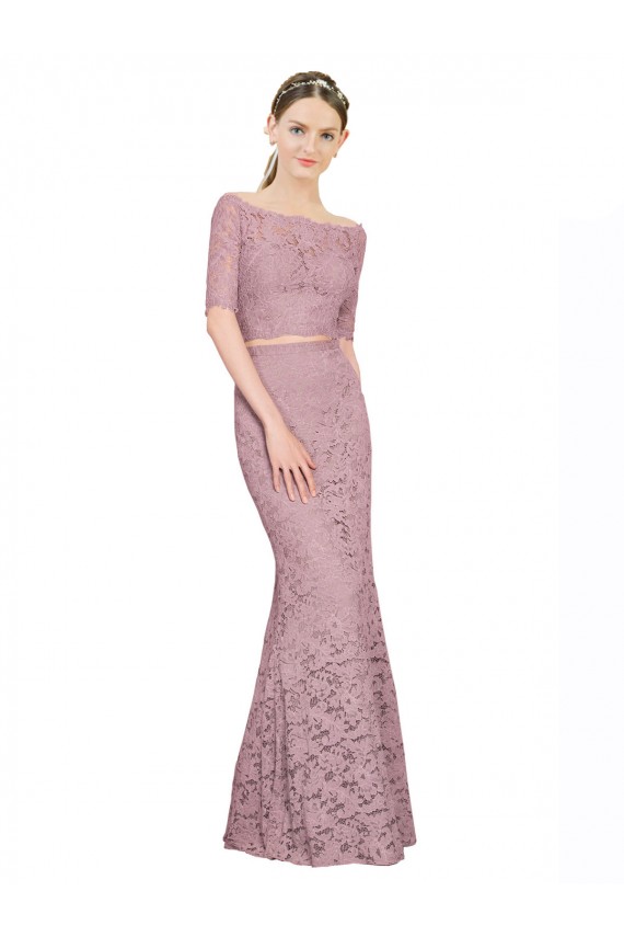 Affordable Short Sleeves Crop Top Mermaid Lace Prom Dress Canada