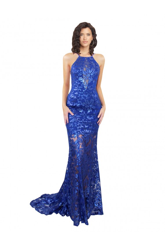 Affordable High Neck Long Open Back Lace Prom Dress with Train Canada