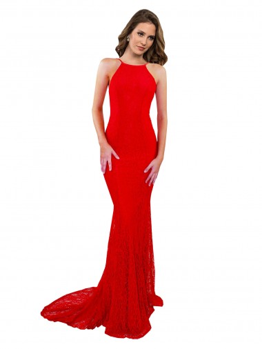 Affordable High Neck Long Lace Prom Dress with Open Back Straps Canada