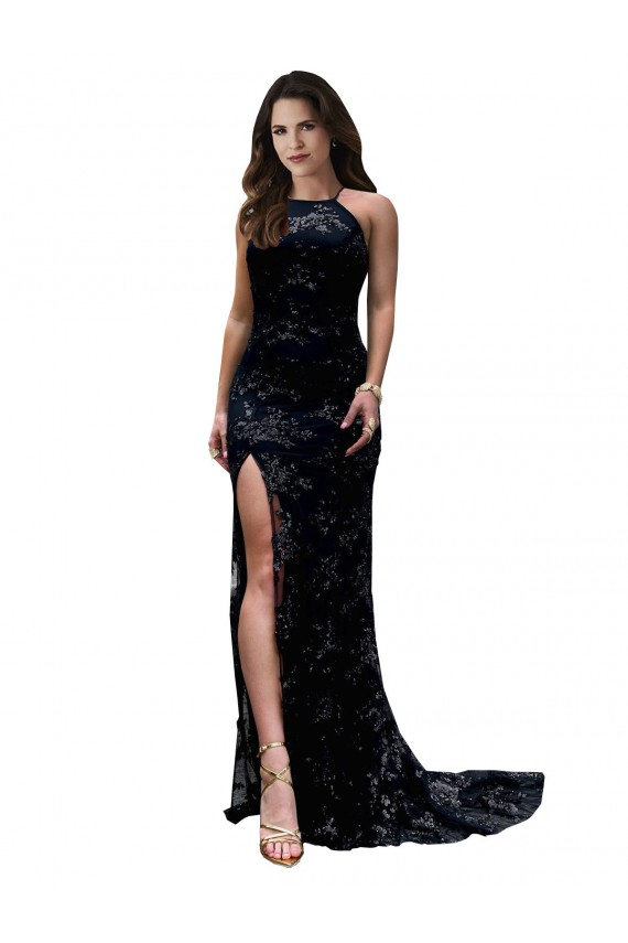 Affordable High Neckline Lace Open Back Prom Dress with High Slit Canada