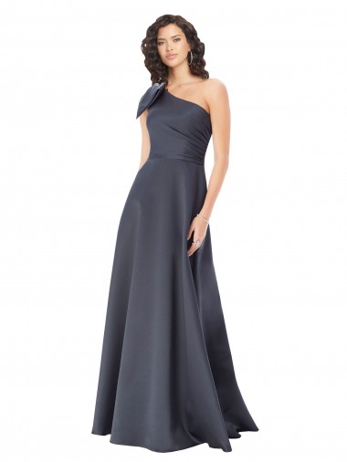 Affordable Rouched One Shoulder Floor Length Satin Prom Dress with Bow Canada
