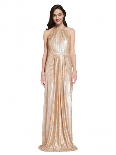 Affordable Floor Length Halter Neck Sparkling Sequin Prom Dress with Pleats Canada