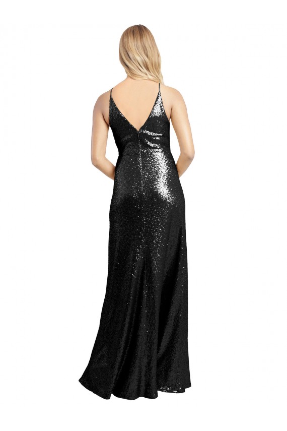 Affordable Full Length A-Line Sequin Prom Dress with Spaghetti Straps V-Neckline Canada