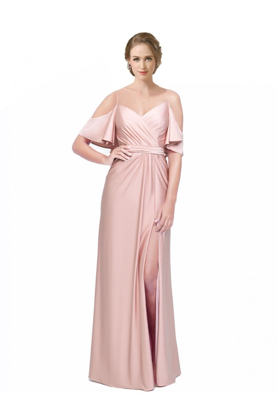 Affordable Draped Cold Shoulder Sleeves Long Silky Satin Prom Dress with Slit and Tie Back Canada