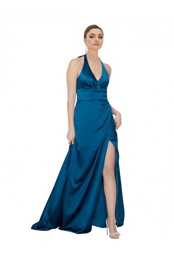 Affordable Halter Neck Silky Satin Prom Dress Canada
