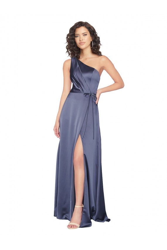 Affordable Draped Silky Satin Prom Dress with Tied Waist Canada