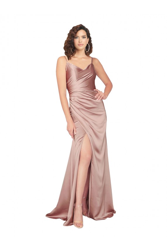 Affordable Floor Length Silky Satin Prom Dress with Front Skirt Slit Canada