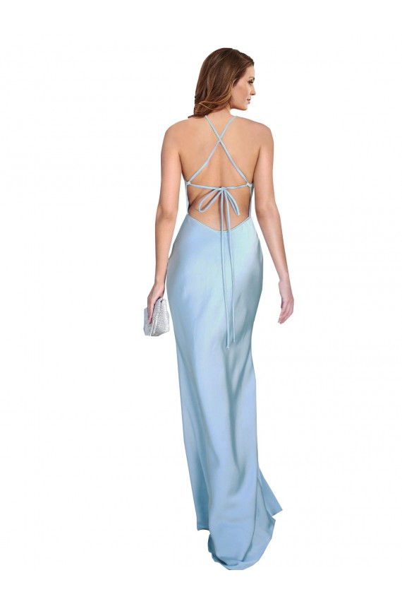Affordable Open Back with Ties Cowl Neck Sheath Silky Satin Long Bridessmaid Dress Canada