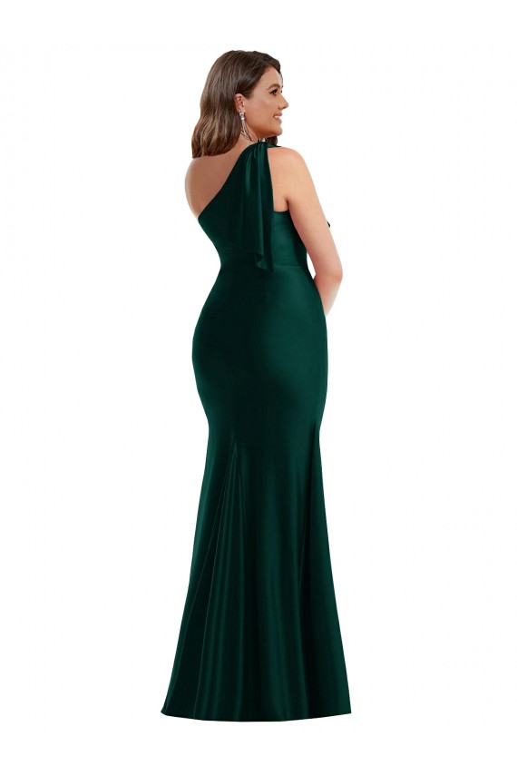 Affordable Cascading Bow One Shoulder Silky Satin Mermaid Prom Dress with Front Slit Canada