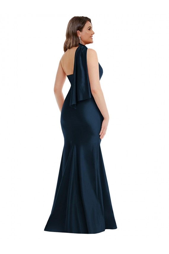 Affordable Scarf Neck One Shoulder Silky Satin Mermaid Prom Dress with Front Slit Canada