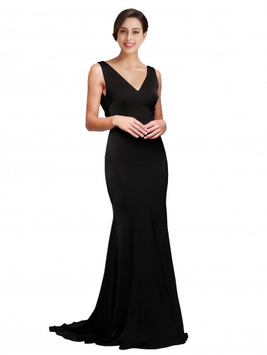 Affordable V-Neck Full Length Silky Satin Prom Dress with Soft Cowl Neck and Sweep Train Canada