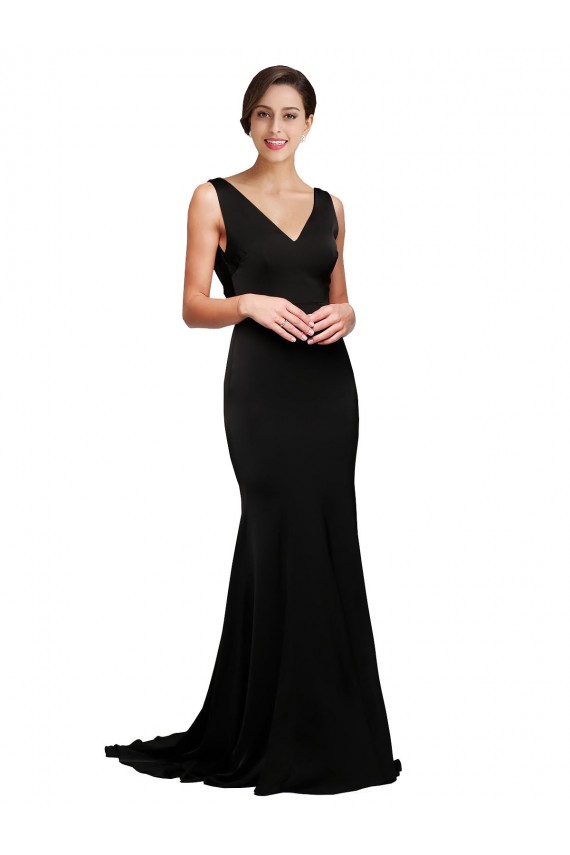 Affordable V-Neck Full Length Silky Satin Prom Dress with Soft Cowl Neck and Sweep Train Canada