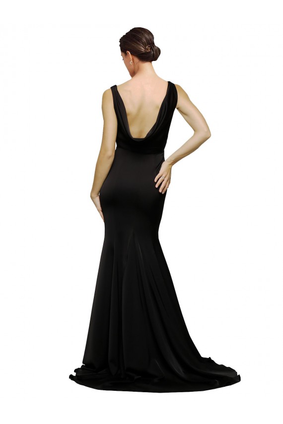 Affordable V-Neck Full Length Silky Satin Prom Dress with Soft Cowl Neck and Sweep Train Canada