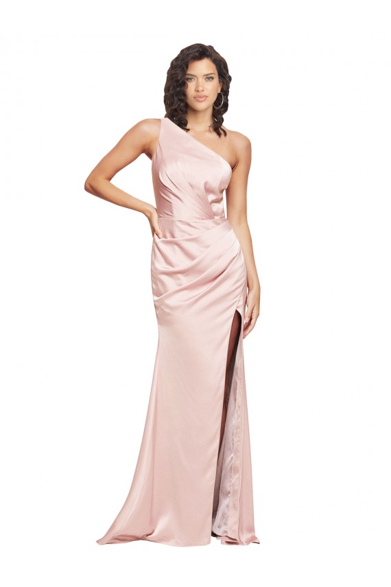 Affordable Full Length Ruched Silky Satin Prom Dress with Low Back and High Split Canada