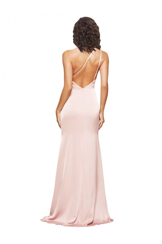 Affordable Full Length Ruched Silky Satin Prom Dress with Low Back and High Split Canada