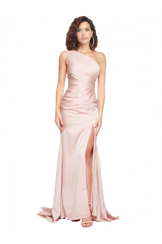 Affordable Full Length One Shoulder Long Silky Satin Prom Dress with High Split Canada