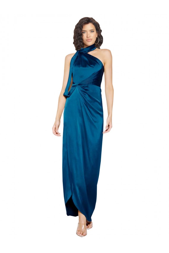 Affordable High Halter Neck Silky Satin Prom Dress with Sash Overlay and Side Split Canada