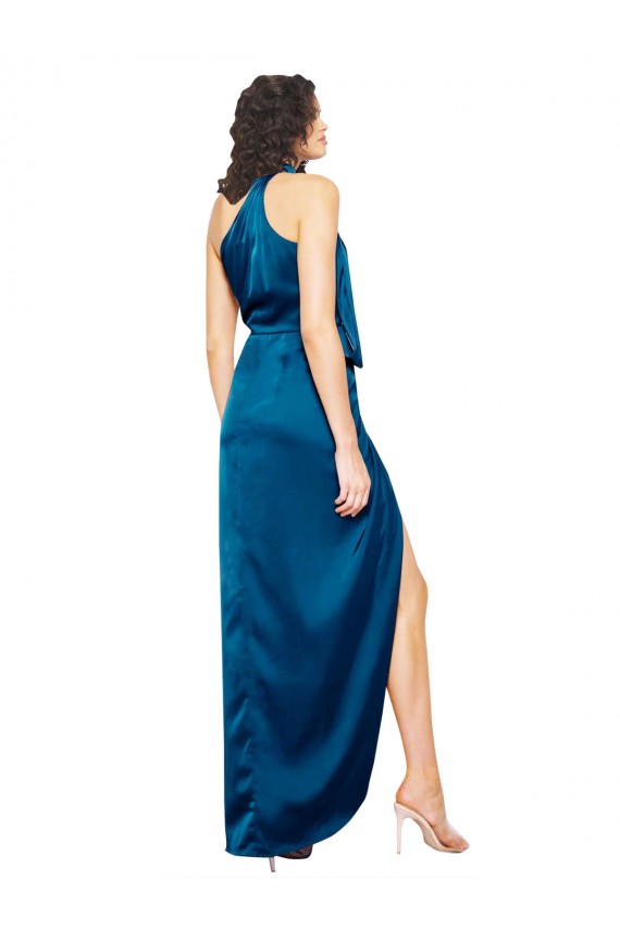 Affordable High Halter Neck Silky Satin Prom Dress with Sash Overlay and Side Split Canada