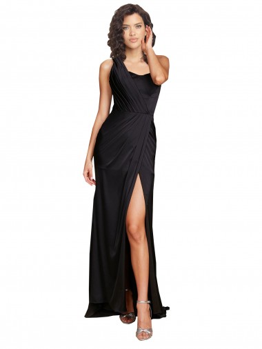 Affordable Full Length One Shoulder Ruffled Long Silky Satin Prom Dress with High Slit Canada