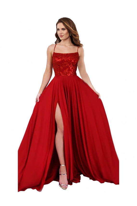 Affordable Lace Over Bodice Long Spandex Prom Dress with Slit Canada