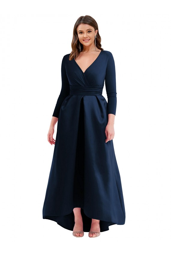 Affordable Long Sleeves Wrapped Spandex Prom Dress with High Low Full Skirt and Pockets Canada