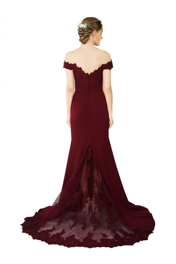 Affordable Full Length Off the Shoulder Formal Crepe Prom Dress with Lace On Bodice and Back Canada