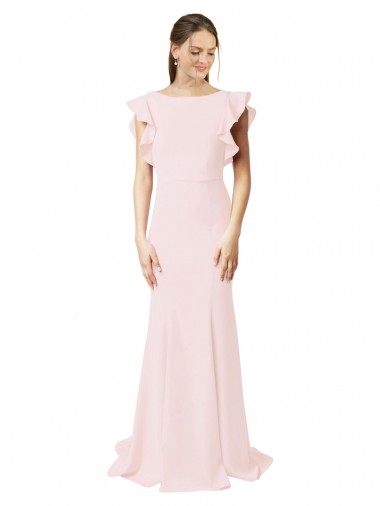 Affordable Low V-Back Long Mermaid Crepe Prom Dress with Ruffled Sleeves Canada