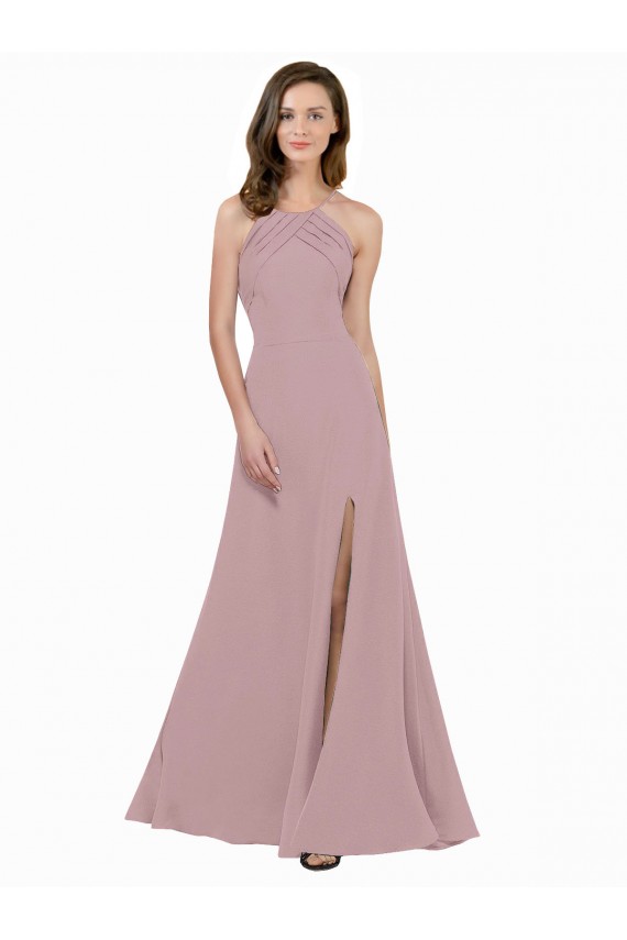 Affordable High Neck Crepe Prom Dress with Pleats and Keyhole Back Canada
