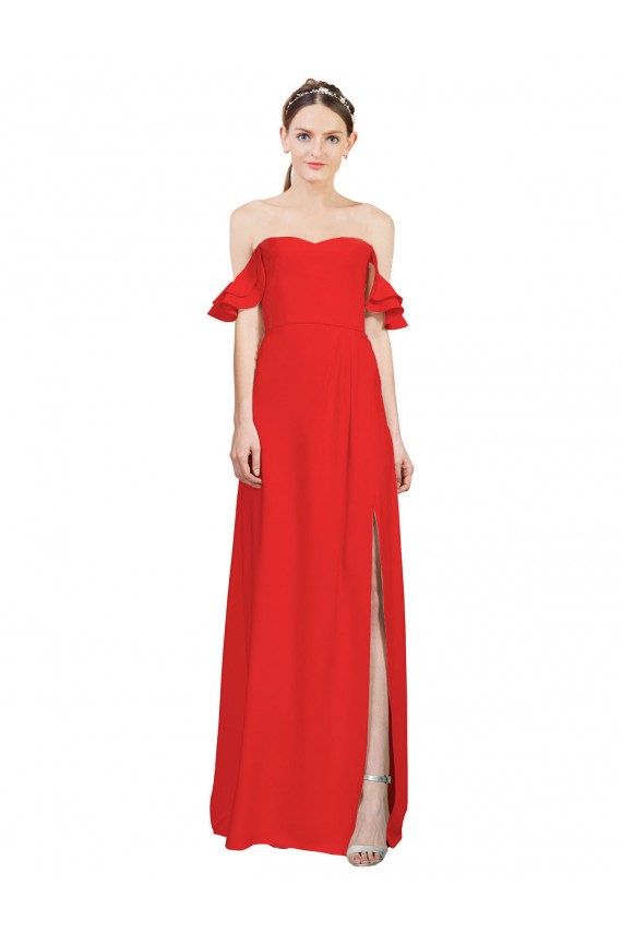 Affordable Double Ruffle Flounce Sleeves Crepe Prom Dress with Slit Canada