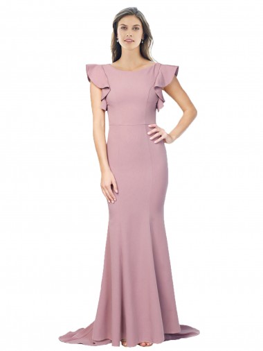 Affordable Flutter Sleeves Low V-Back High Round Neck Crepe Prom Dress Canada