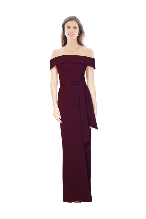 Affordable Off the Shoulder Long Crepe Prom Dress with Waist Tie Canada