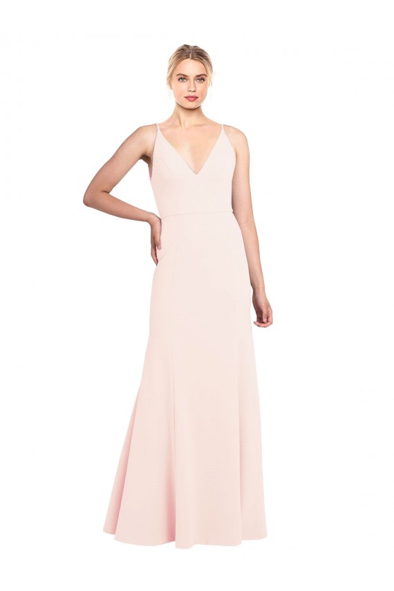 Affordable Slim A-Line V-Neck Long Stretch Crepe Prom Dress with V-Back Canada