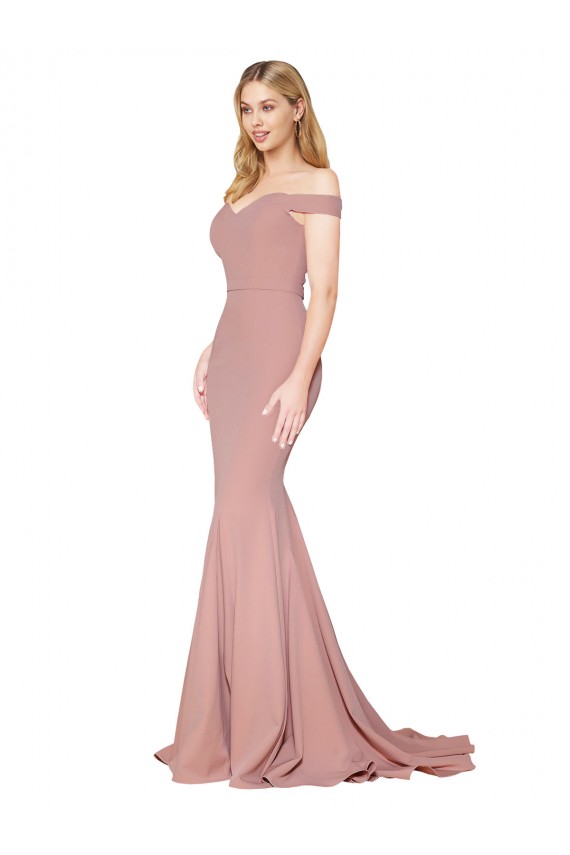 Affordable Off the Shoulder Sweetheart Long Sweep Train Crepe Prom Dress Canada