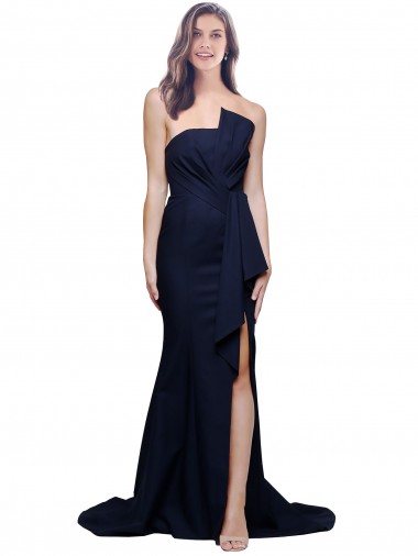 Affordable Long Strapless Sweep Train Low Back Crepe Prom Dress Canada