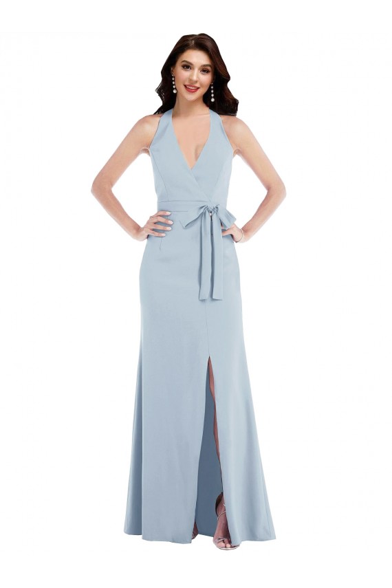 Affordable Open Back Halter Maxi Crepe Prom Dress with Draped Bow Canada