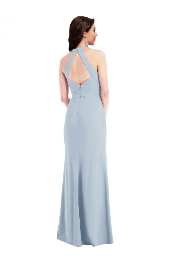 Affordable Open Back Halter Maxi Crepe Prom Dress with Draped Bow Canada