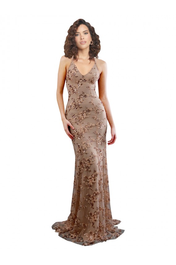 Affordable Floral Patterned Backless V-Neckline Sequin Prom Dress Canada