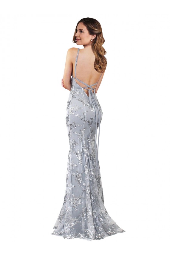 Affordable Silver V-Neckline Backless Floral Patterned Sequin Prom Dress Canada