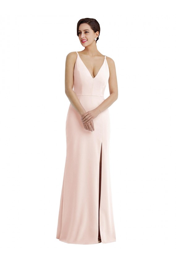 Affordable Skinny Strap Deep V-Neck Trumpet Crepe Prom Dress with Front Slit Canada