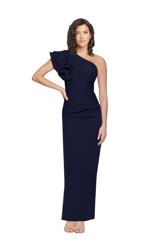 Affordable Ruched Floor Length Long Crepe Prom Dress with Shoulder Ruffles Canada