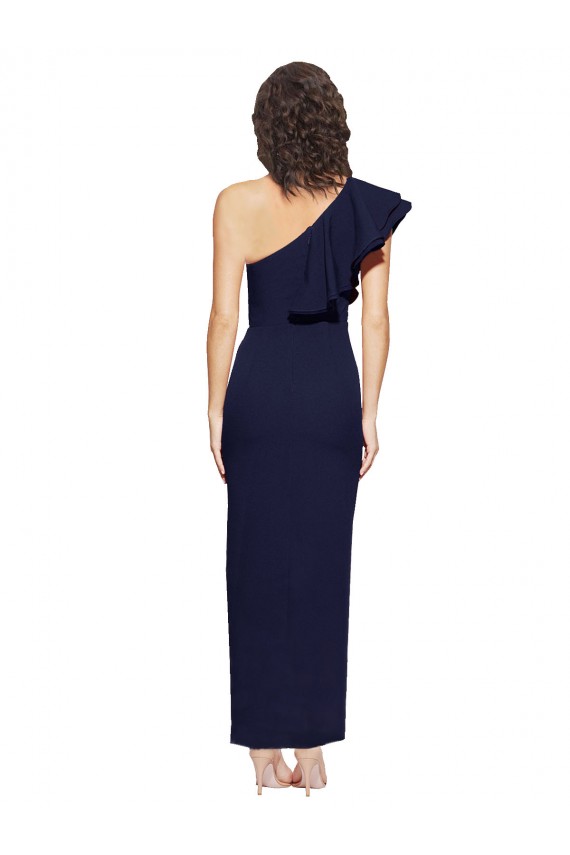 Affordable Ruched Floor Length Long Crepe Prom Dress with Shoulder Ruffles Canada