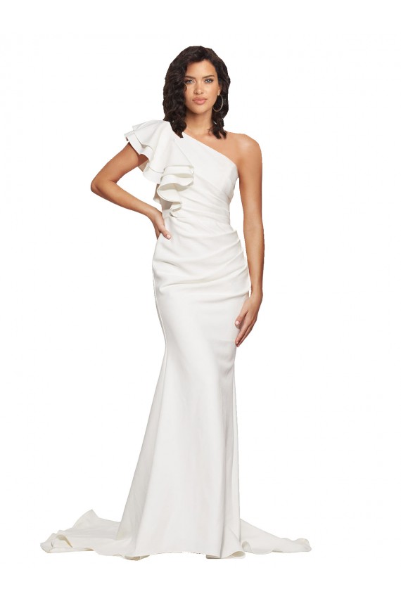 Affordable Ruched Long Sweep Train Crepe Prom Dress with Shoulder Ruffles Canada
